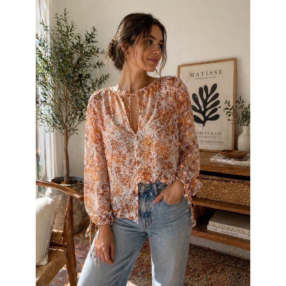 Massimo Alba Silk Floral Blouse Orange Brown Sheer Tie Neck Top Italy Size S NWT